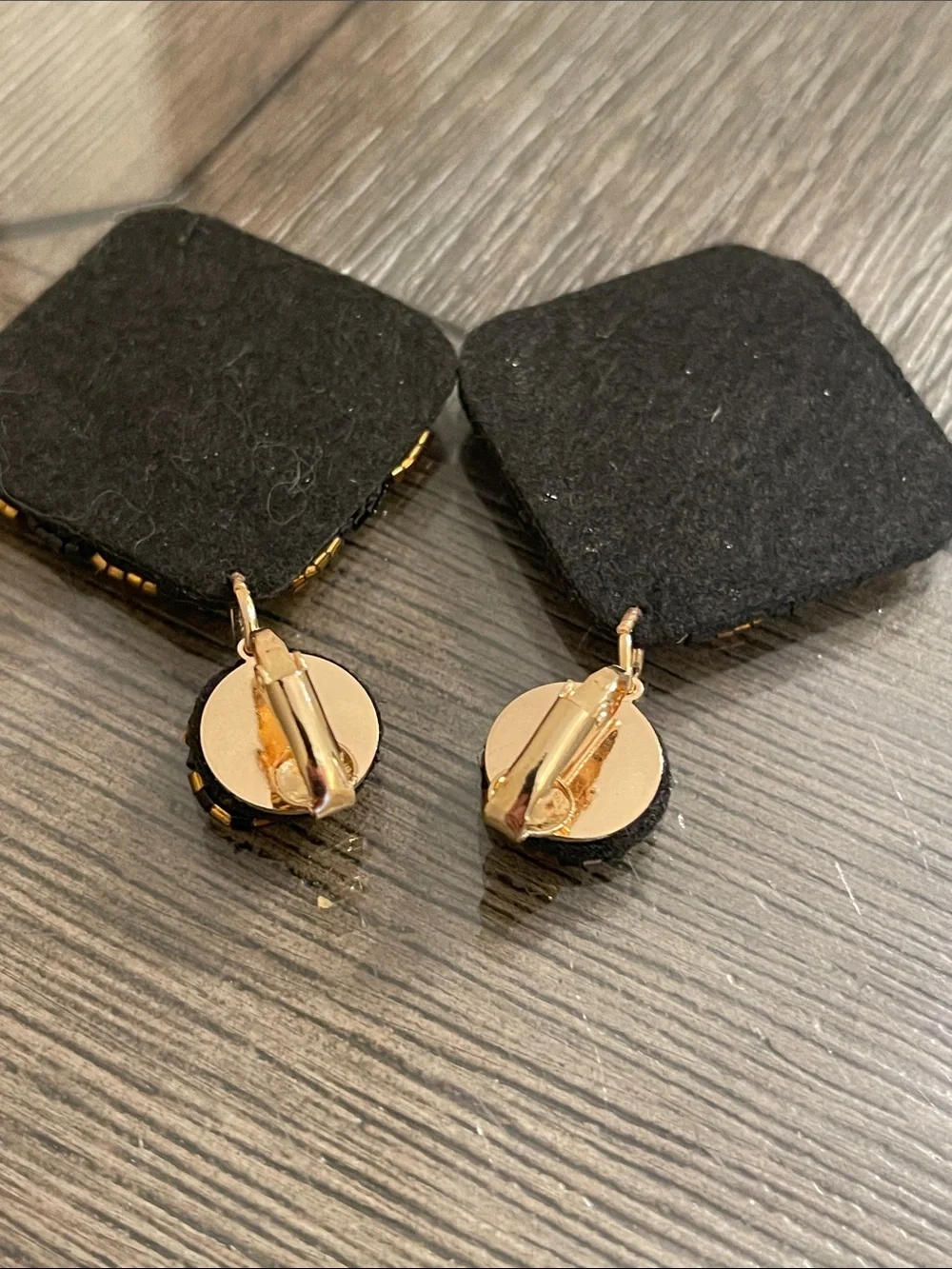 Vintage Style Square Geometric Black & Gold Seed Bead Dangle Clip Earrings